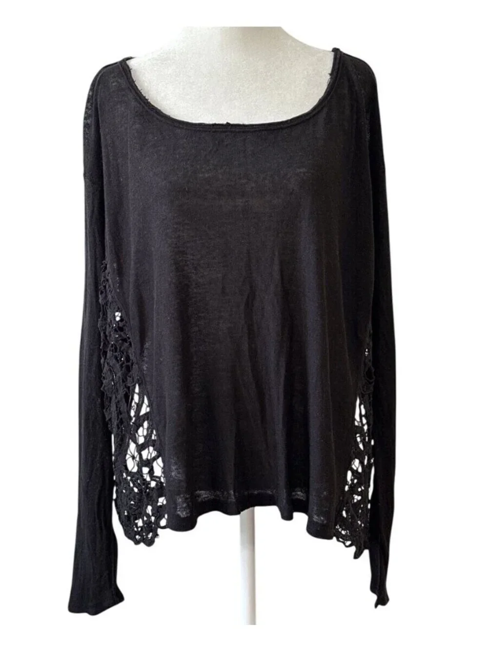 RARE NWT Free People Black Lace Inset Slouchy Linen Blend Top S| Boho Whimsigoth